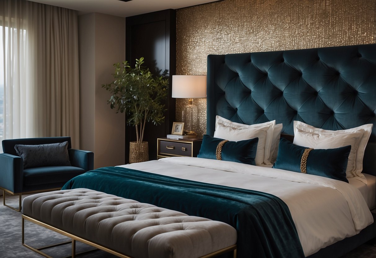 30 Modern Master Bedroom Decor Ideas You'll Love Too 2 A sleek, velvet upholstered headboard stands against a backdrop of modern master bedroom decor. The room exudes a sense of luxury and sophistication