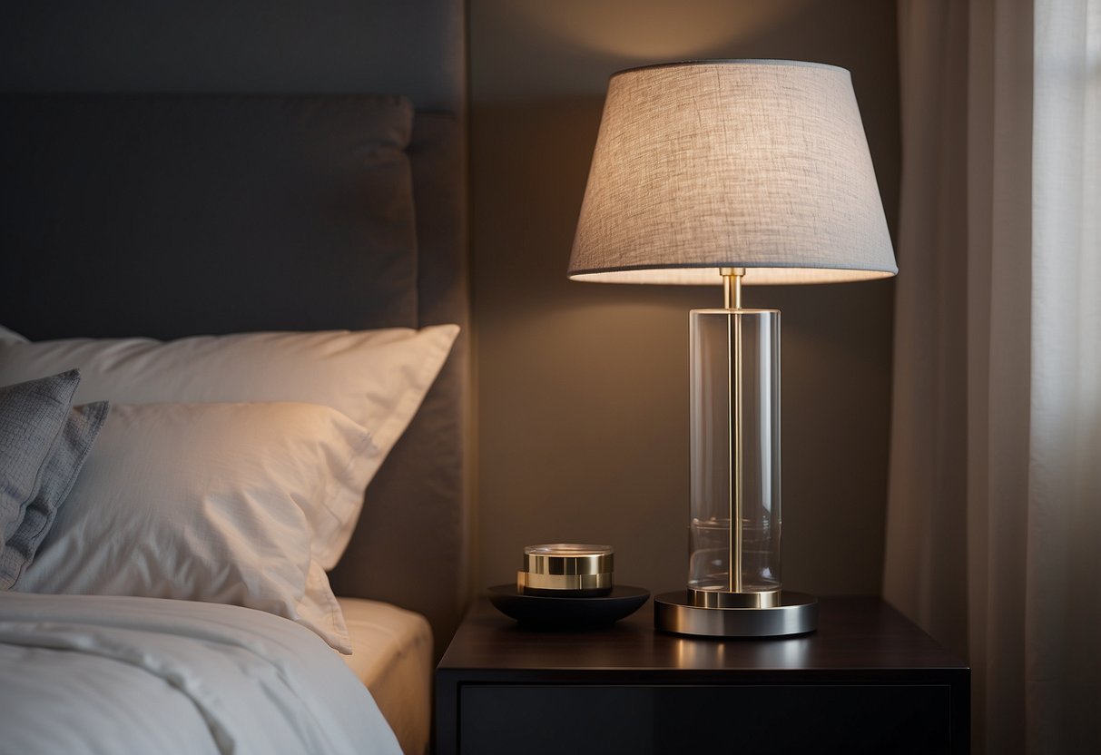 30 Modern Master Bedroom Decor Ideas You'll Love Too 9 A sleek glass bedside lamp illuminates a modern master bedroom with minimalist decor