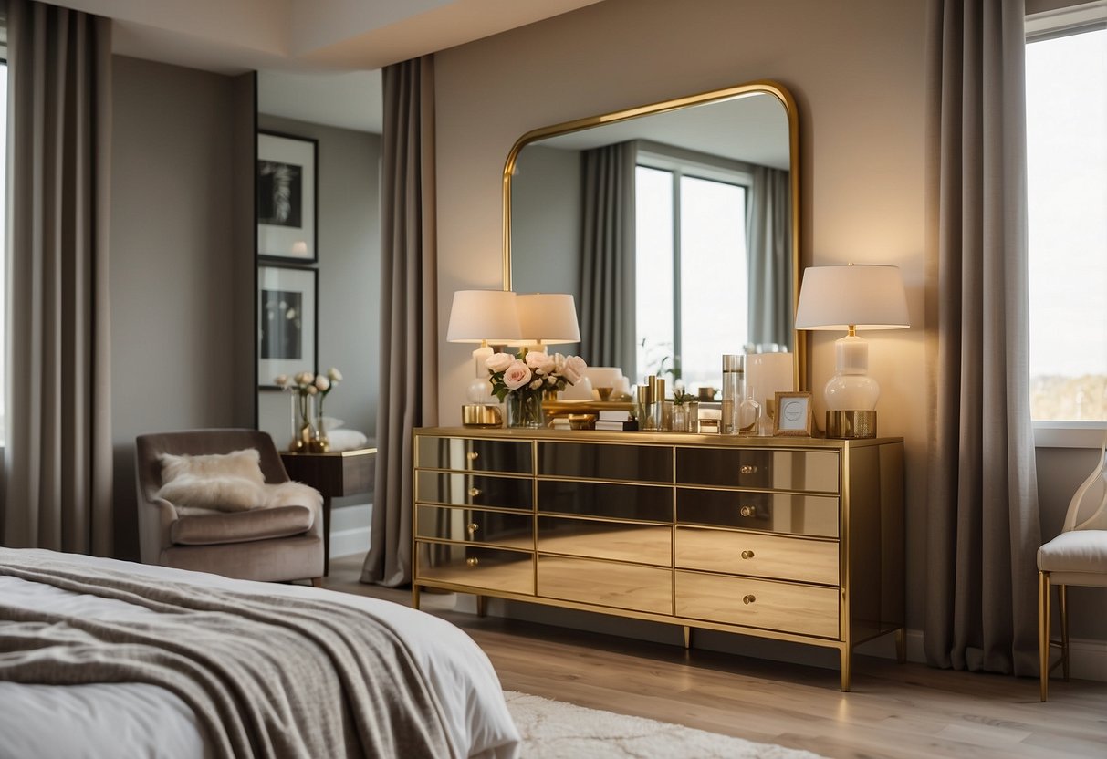 30 Modern Master Bedroom Decor Ideas You'll Love Too 14 A sleek gold accent mirror hangs above a modern master bedroom dresser, reflecting the stylish decor and adding a touch of luxury to the space
