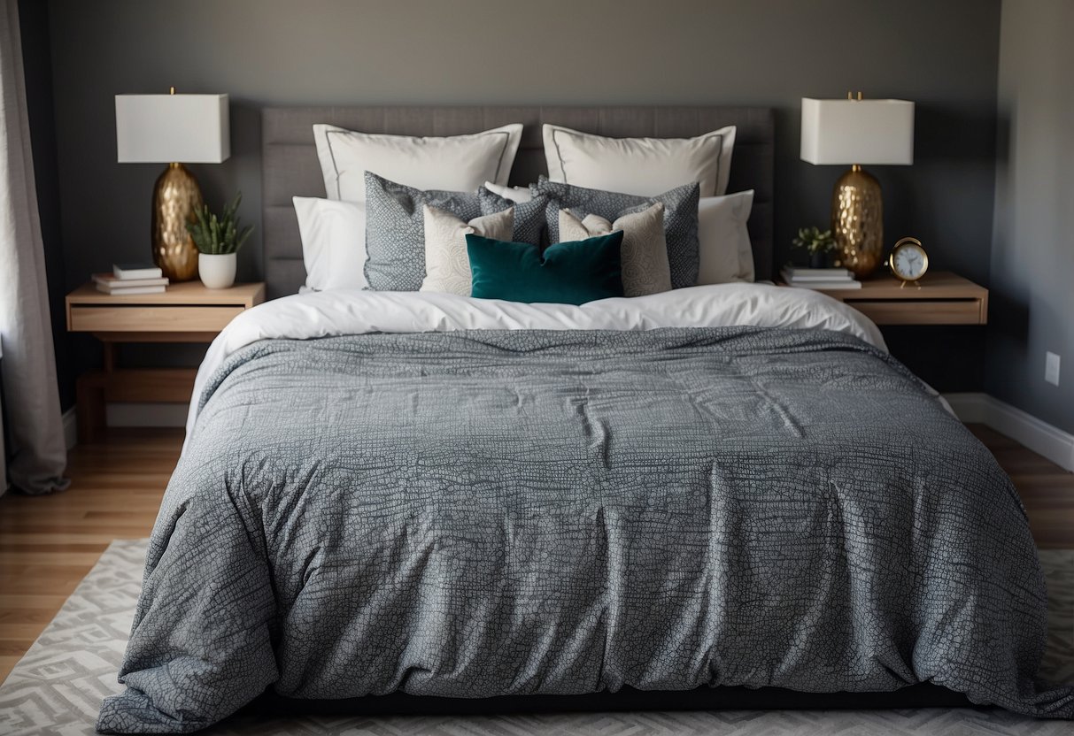 30 Modern Master Bedroom Decor Ideas You'll Love Too 17 A cozy bed with a patterned duvet cover in a modern master bedroom with sleek decor and minimalistic design