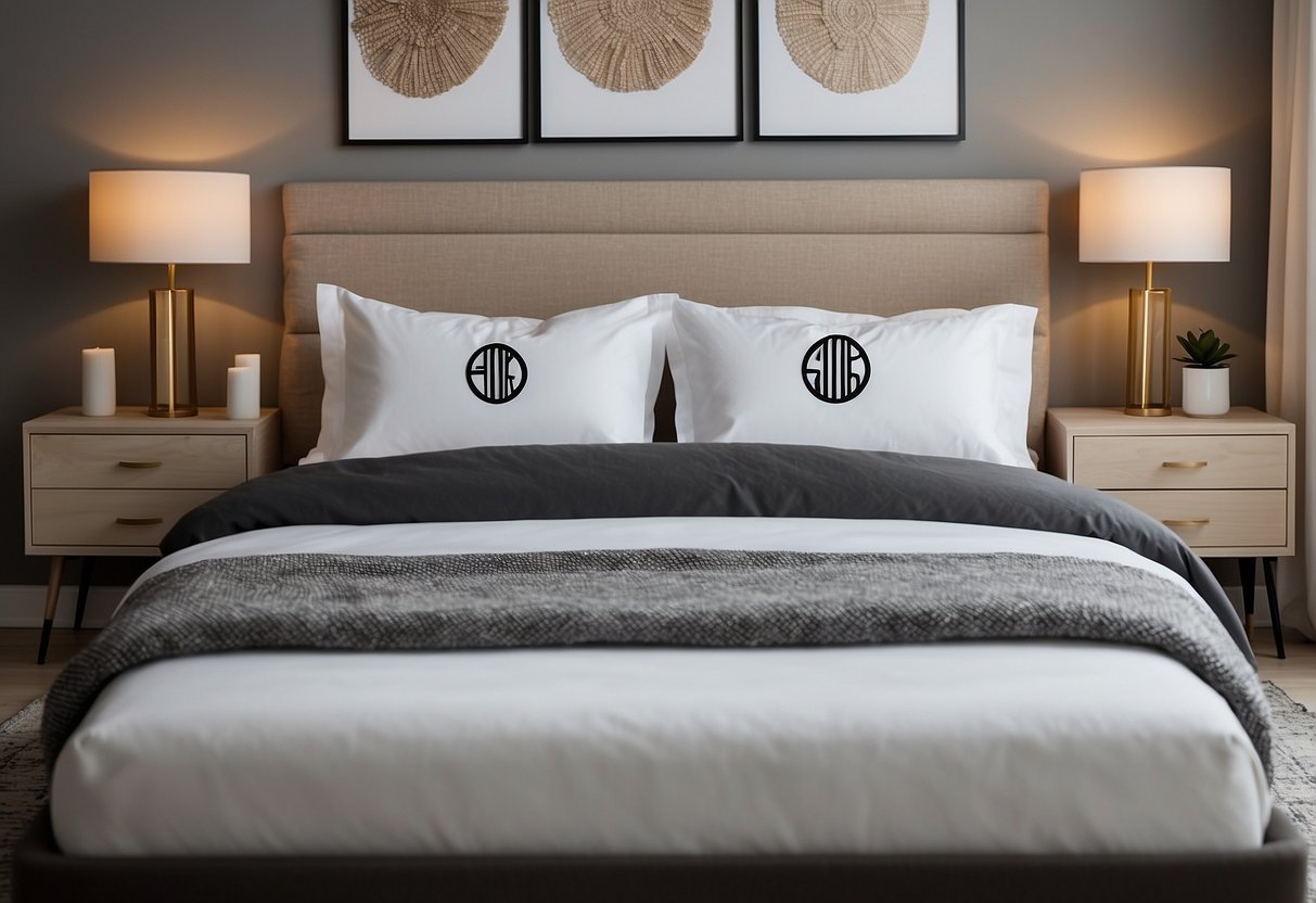 30 Modern Master Bedroom Decor Ideas You'll Love Too 22 Two custom monogram pillowcases on a neatly made bed with modern decor. A sleek and minimalistic master bedroom with clean lines and neutral colors