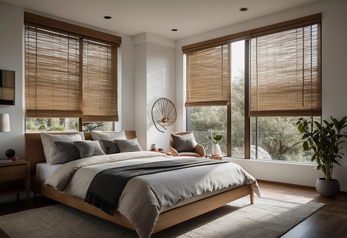30 Modern Master Bedroom Decor Ideas You'll Love Too 26 A spacious modern master bedroom with bamboo window blinds, sleek furniture, and minimalist decor