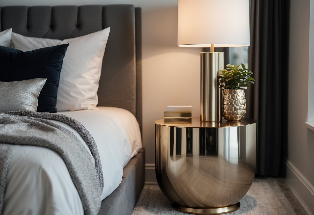 30 Modern Master Bedroom Decor Ideas You'll Love Too 28 A sleek metallic accent table sits next to a plush bed in a modern master bedroom, adding a touch of contemporary elegance to the decor