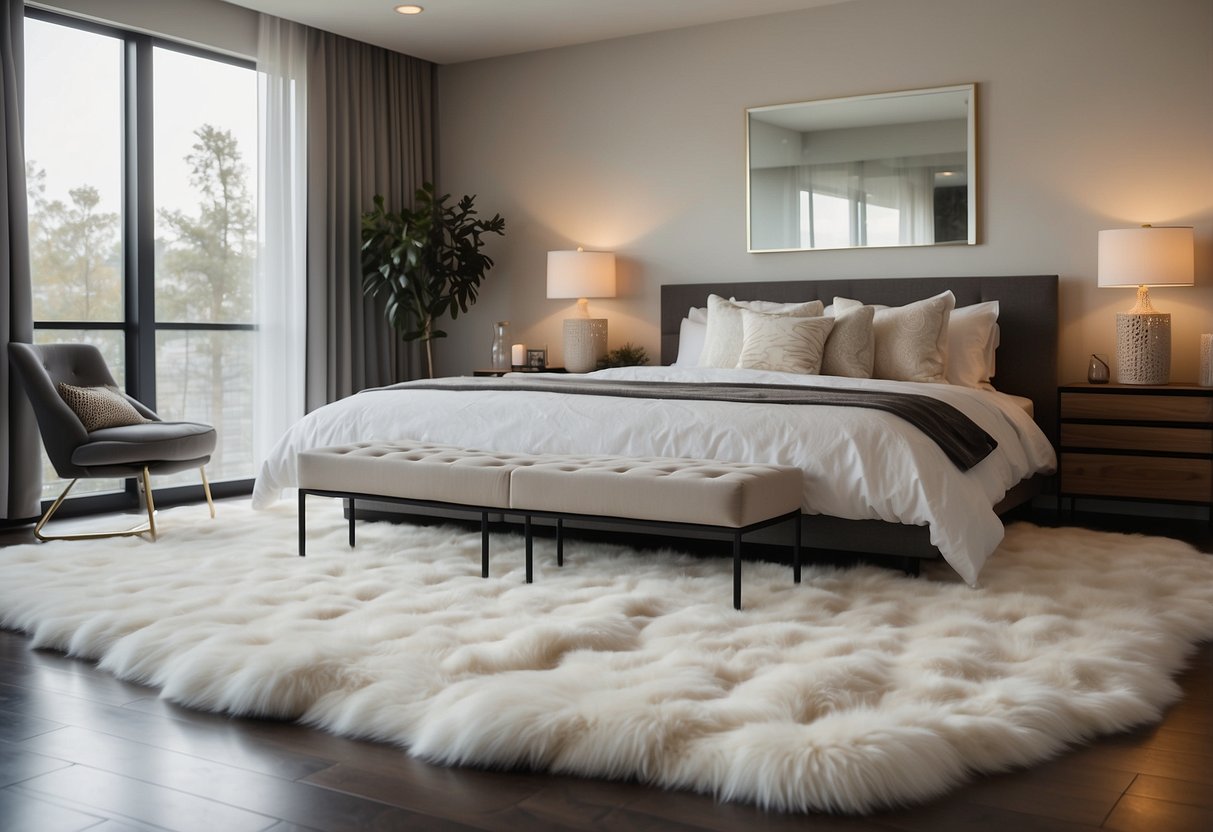 30 Modern Master Bedroom Decor Ideas You'll Love Too 29 A soft faux fur rug lies in the center of a modern master bedroom, surrounded by sleek furniture and minimalist decor