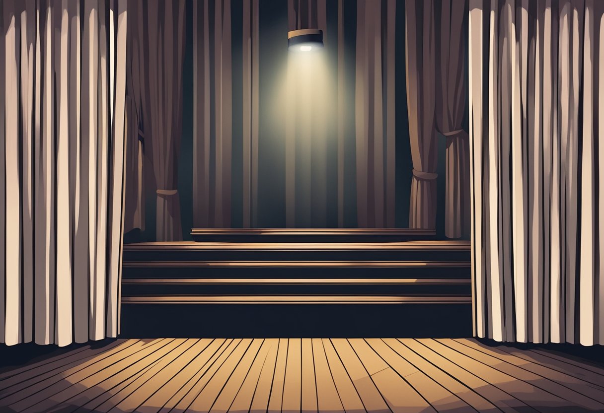 A dimly lit stage with a lone microphone, curtains drawn. Spotlight fades, leaving a sense of emptiness and abandonment