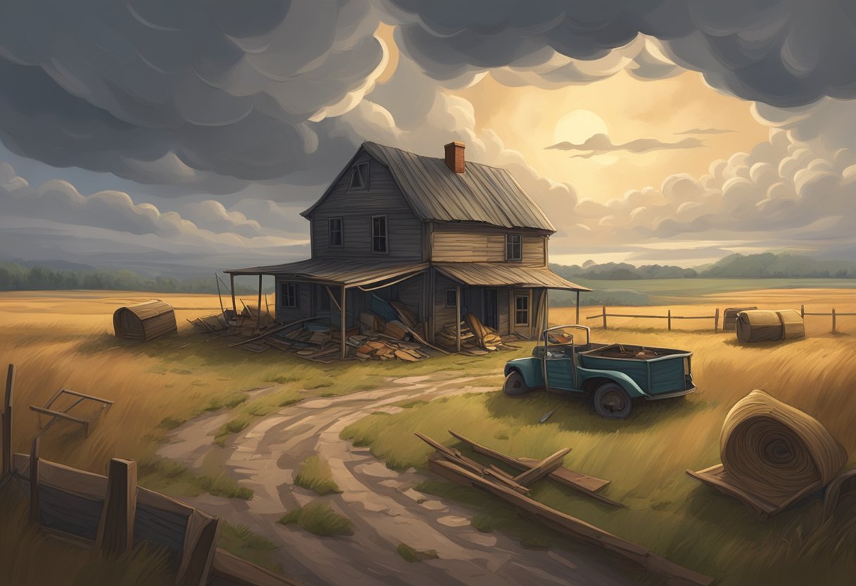 Applejack's parents' empty farmhouse with overturned furniture and scattered belongings, surrounded by a stormy sky and desolate fields