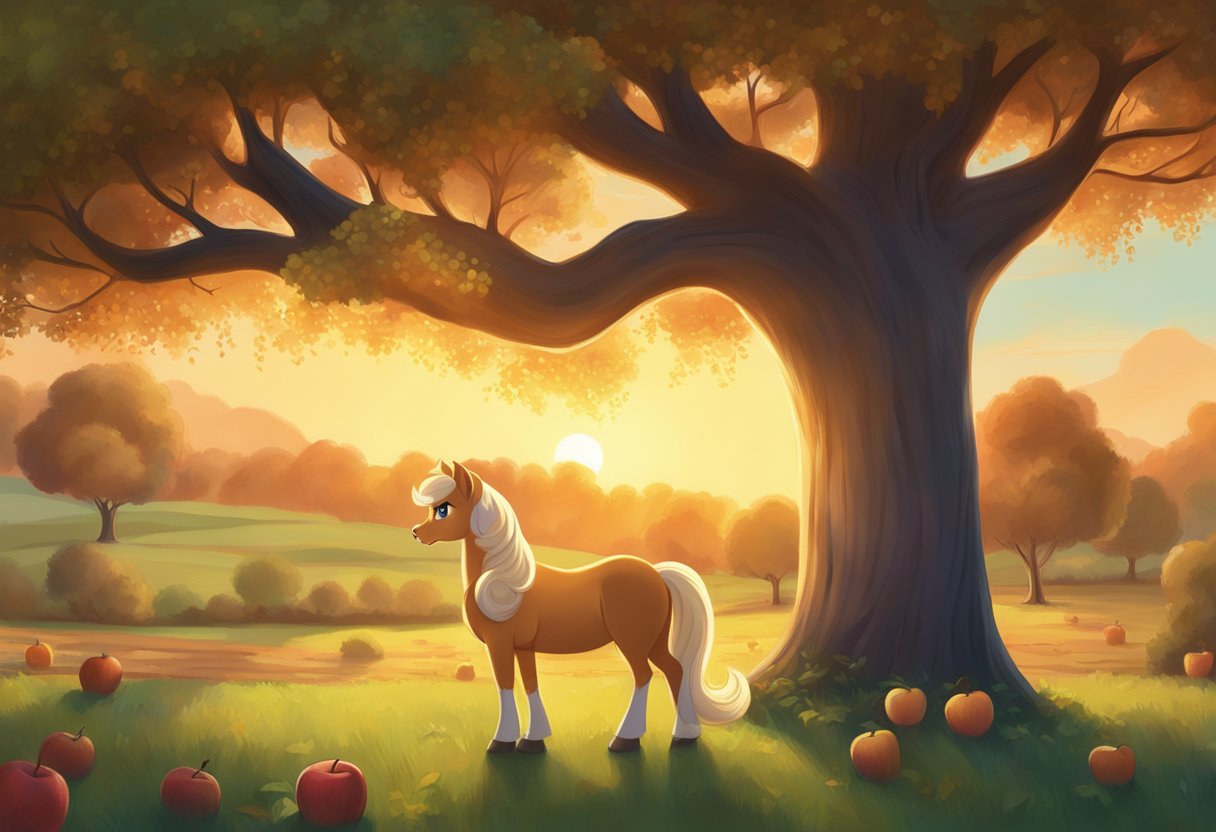 Applejack stands in a peaceful orchard, gazing at a family portrait. The sun sets behind her, casting a warm glow over the scene