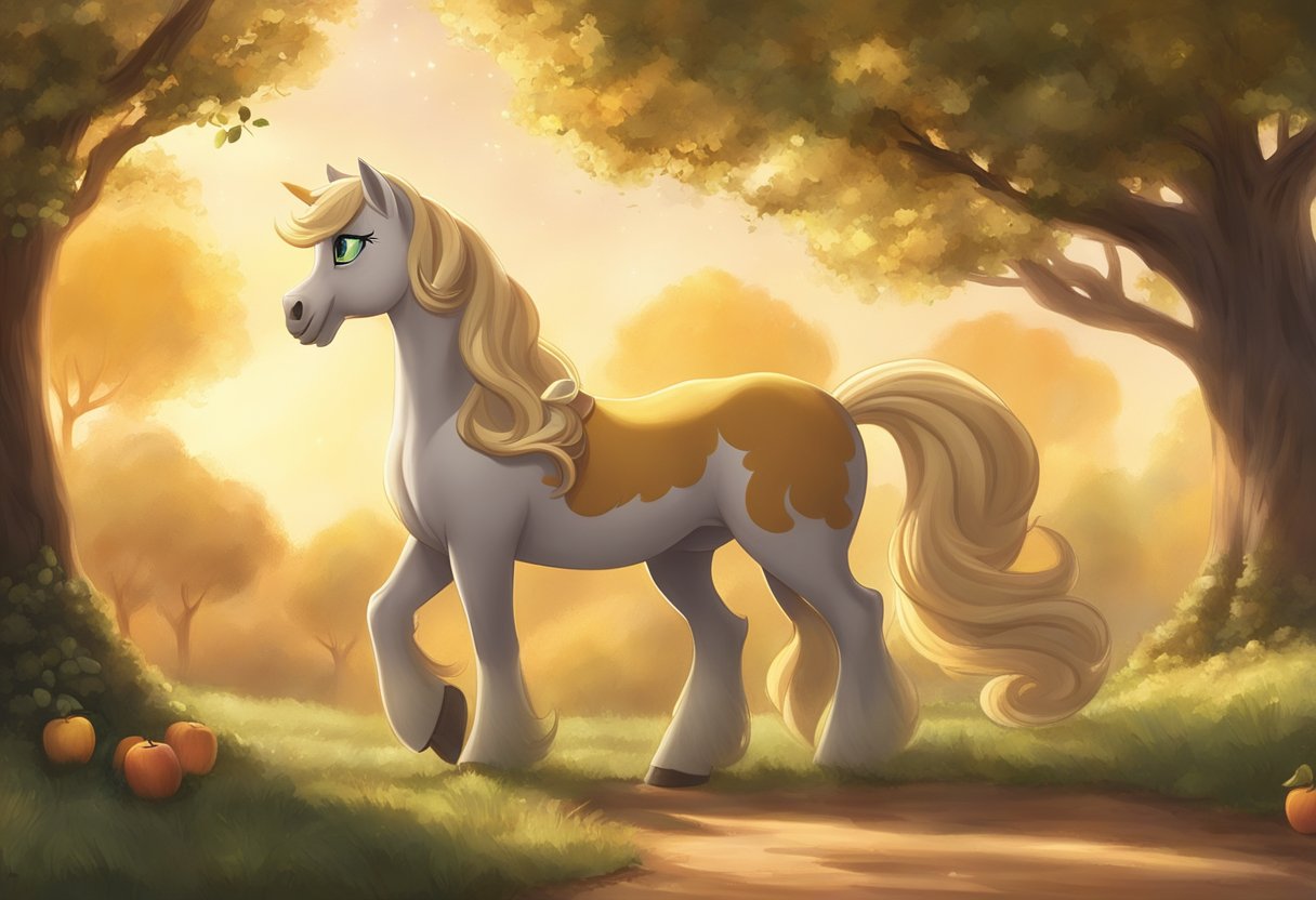 Applejack stands alone in a peaceful orchard, surrounded by the golden glow of the setting sun. The trees sway gently in the breeze, symbolizing the strength and resilience she gained from her parents' teachings