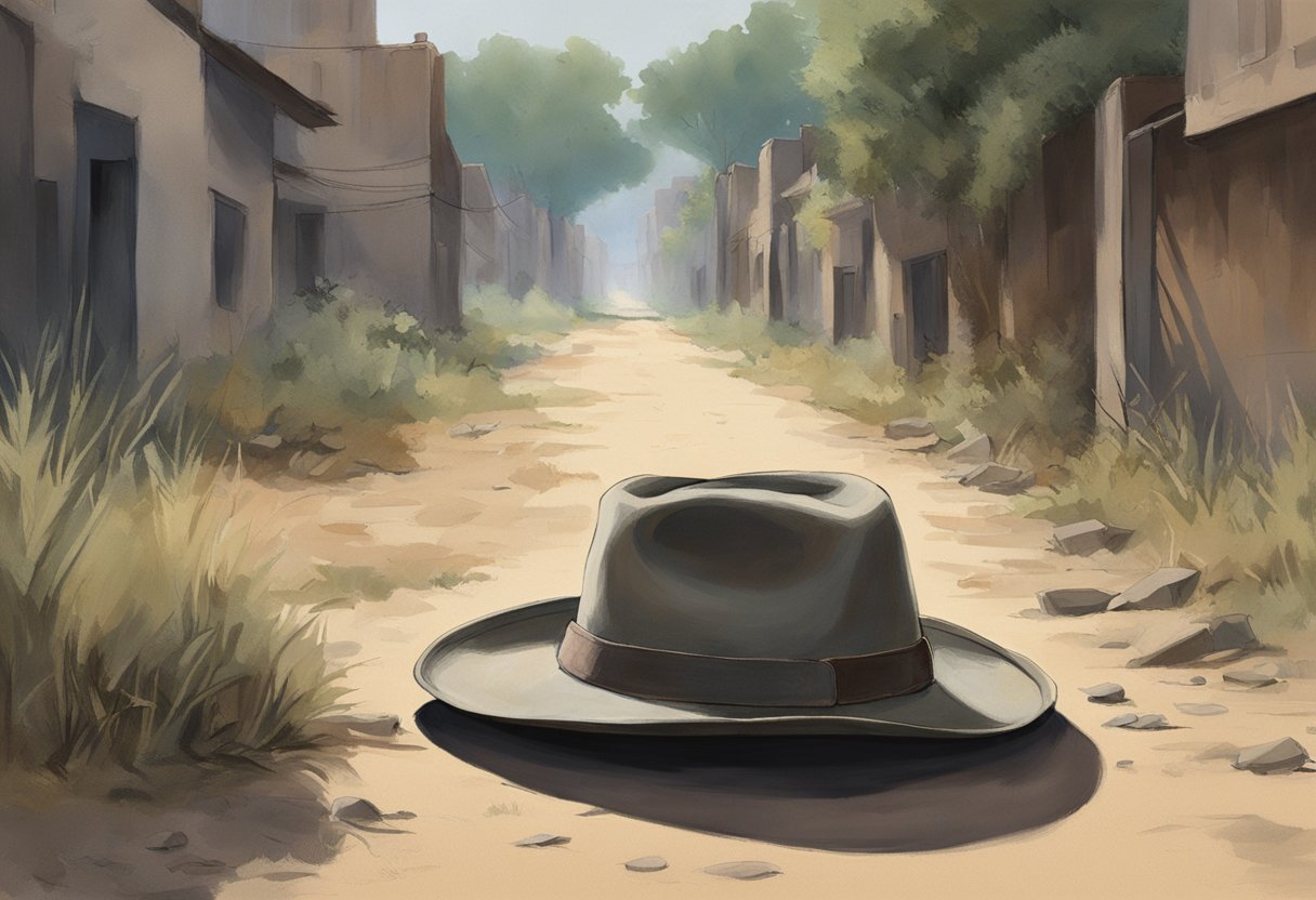 Judith's abandoned hat lies in a dusty, overgrown street, with a lone walker approaching in the background