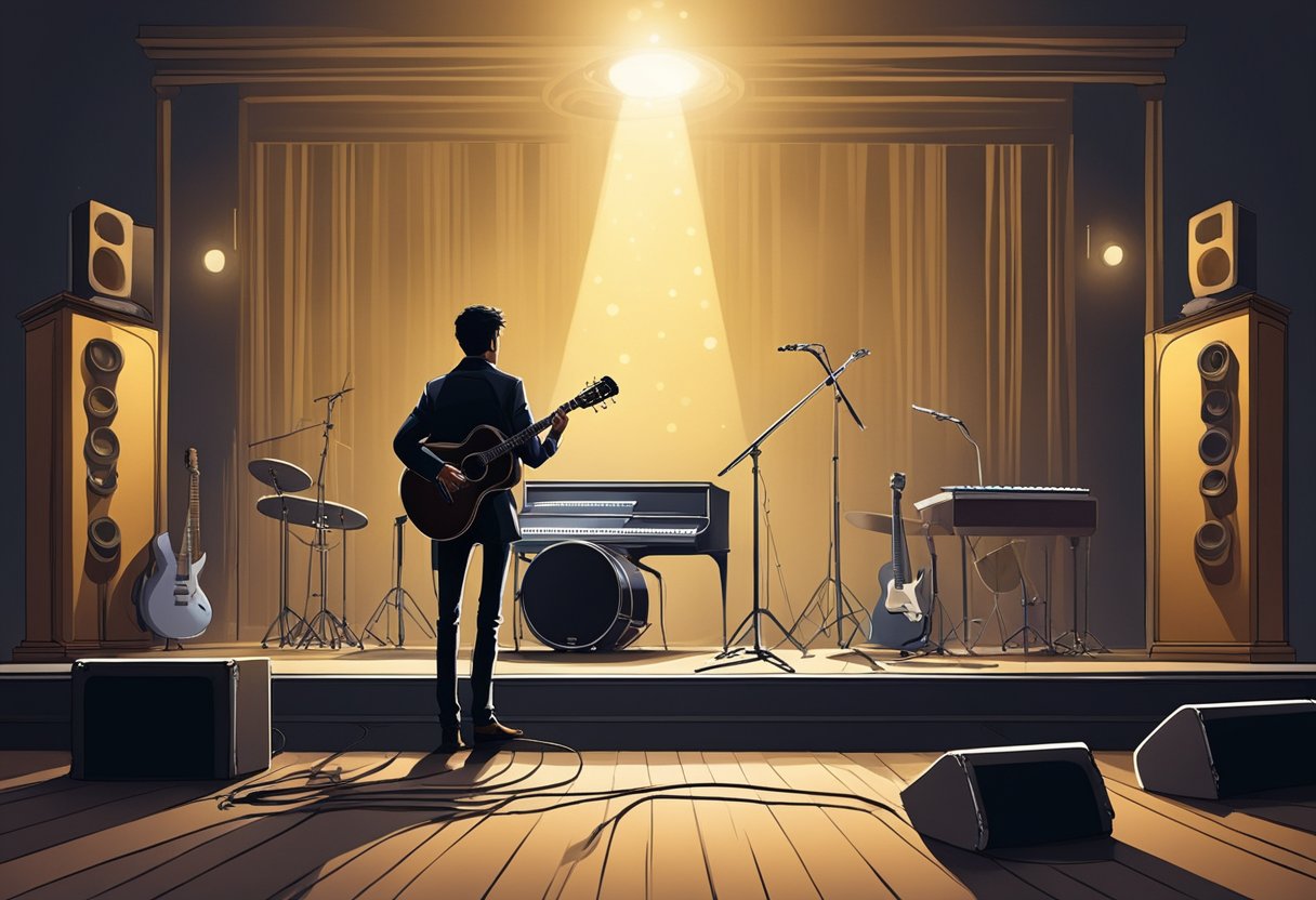 A lone figure stands on a dimly lit stage, surrounded by musical instruments. The spotlight shines on a guitar, its strings vibrating with the energy of the unseen musician