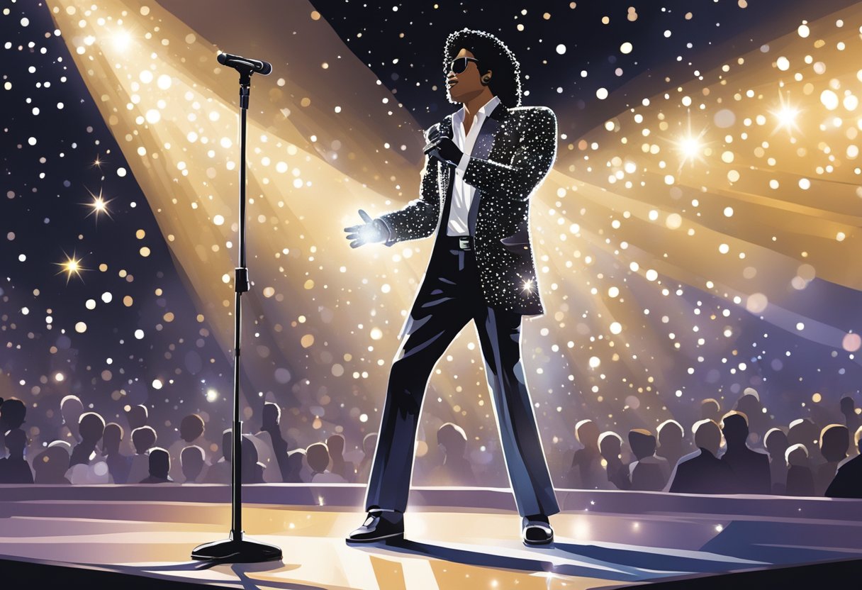 A spotlight illuminates a microphone stand, surrounded by glittering sequins and a single white glove. A shadowy figure looms in the background, hinting at Michael Jackson's enduring legacy