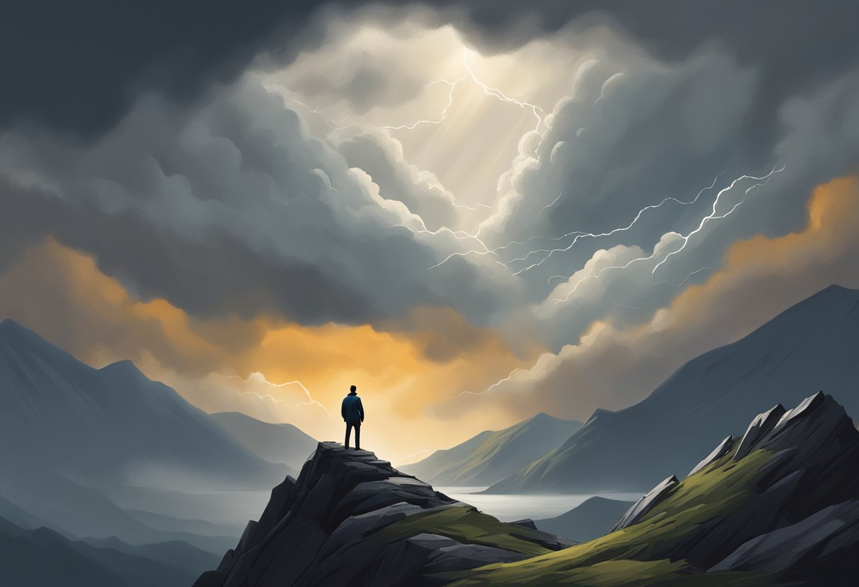 A lone figure standing on a mountain peak, facing a storm, with a determined expression