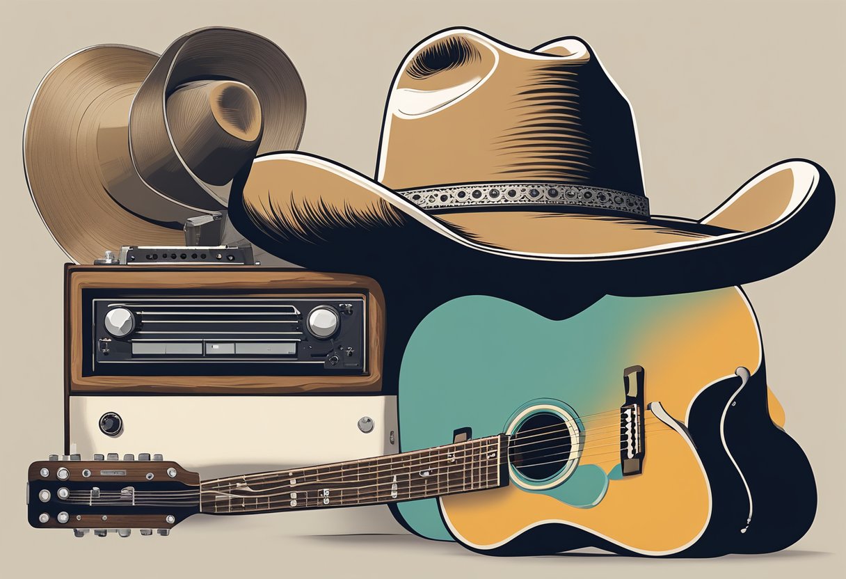 Alan Jackson's iconic cowboy hat sits atop a weathered guitar, surrounded by vintage vinyl records and a modern streaming device