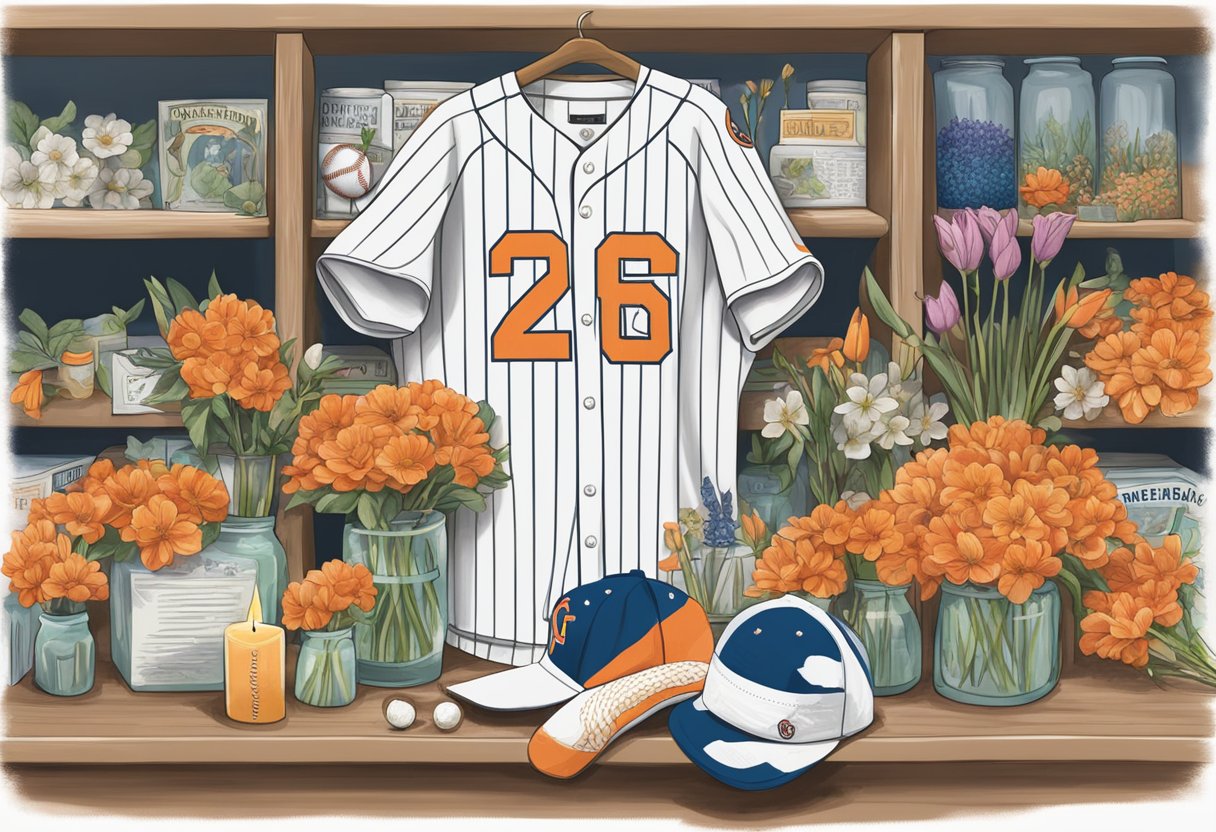 A baseball jersey hangs in a locker, surrounded by flowers and candles. A news headline reads "Remembering Jose Fernandez."