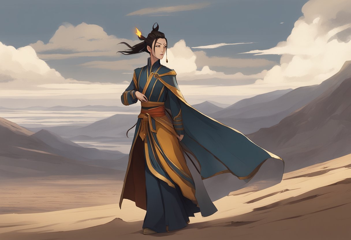 Azula wanders alone in a desolate landscape, her once regal attire now tattered. The fire in her eyes has dimmed, and she clutches a broken crown in her hand