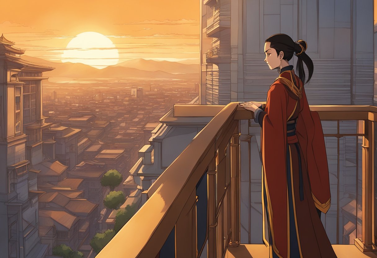 Azula gazes out from a high balcony, overlooking a bustling city. She stands alone, her expression a mix of determination and uncertainty. The setting sun casts a warm glow over the scene, symbolizing the new chapter in her life