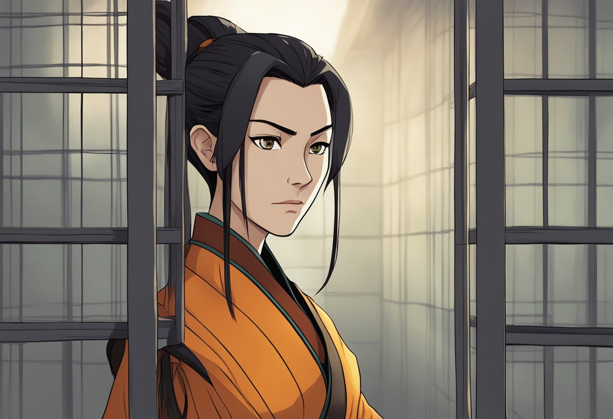 Azula, disheveled and alone, stares out from a dark cell, her once proud demeanor now replaced with a haunted look