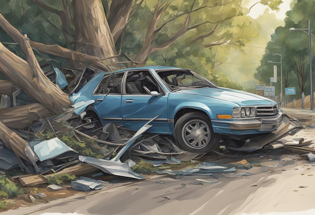 Emilio Estevez's car crashed into a tree, leaving the vehicle mangled and surrounded by debris on the side of the road