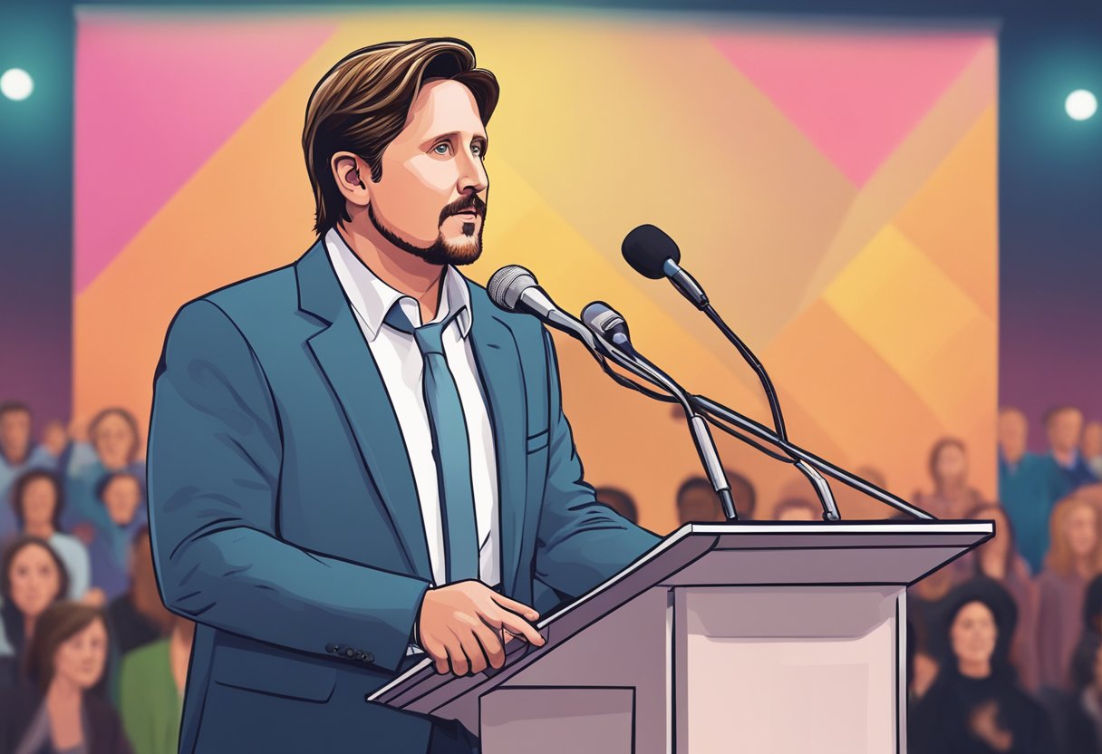 Emilio Estevez receives awards, stands on stage, and delivers speeches