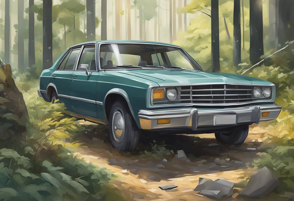 A car parked in a wooded area, with scattered belongings and a faint trail leading into the trees