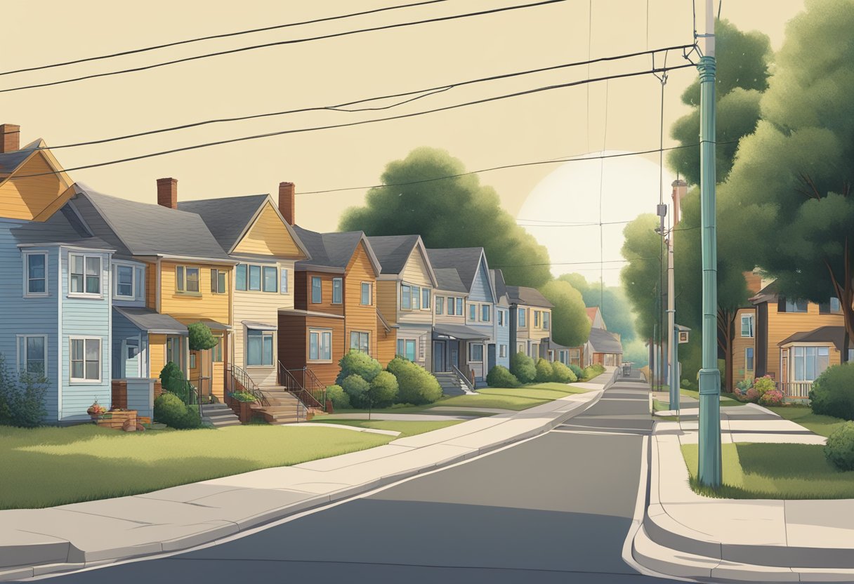 A quiet suburban street with a row of houses, a playground in the distance, and a missing person poster on a telephone pole