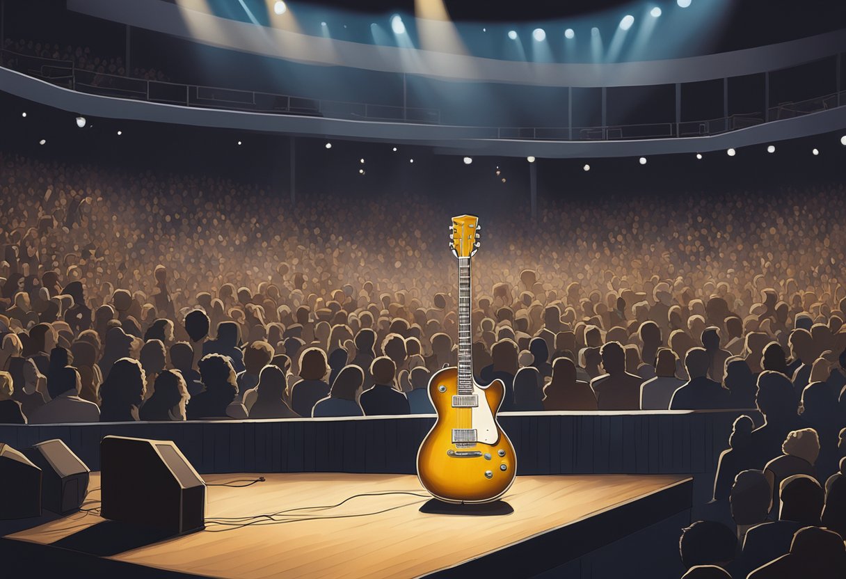 Dolly Parton's iconic guitar lies abandoned on stage, surrounded by a hushed crowd and a single spotlight