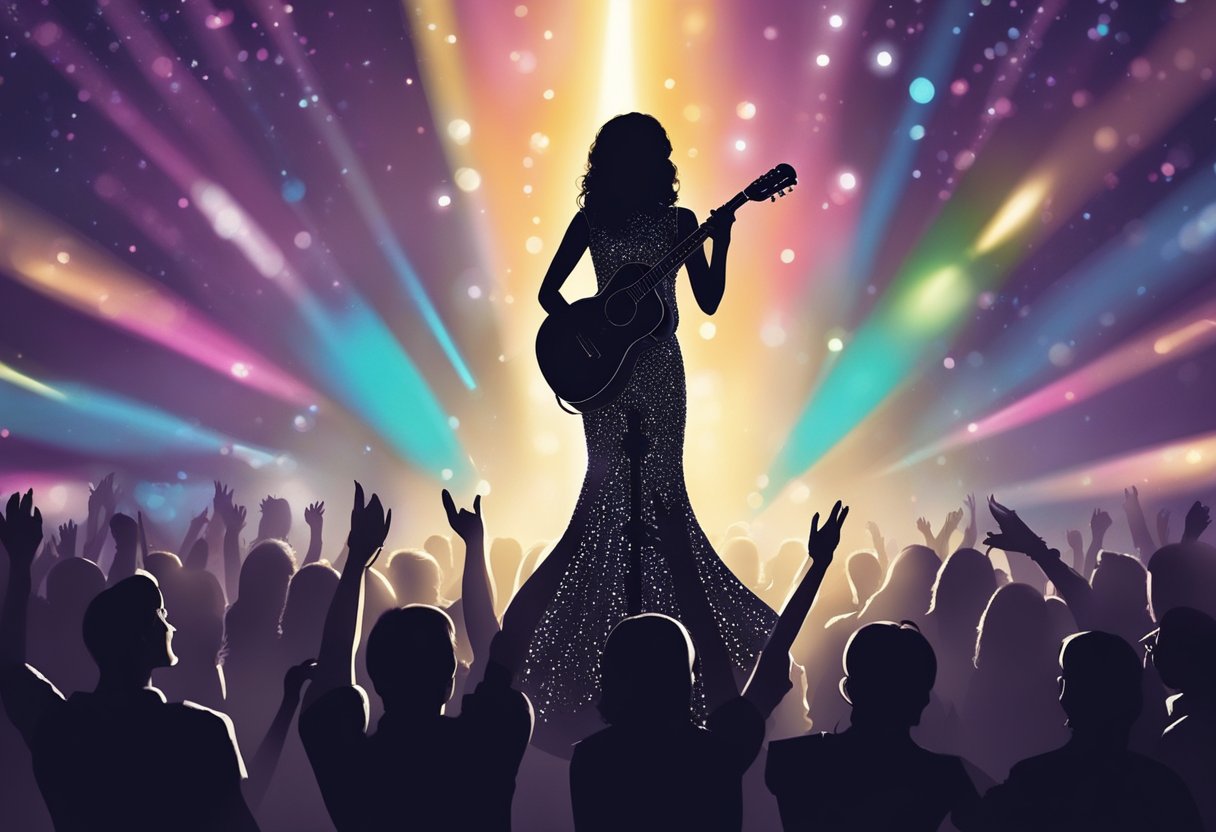 A lone microphone stands center stage, surrounded by adoring fans. The spotlight shines on a silhouette in a sequined gown, as the sound of a twangy guitar fills the air