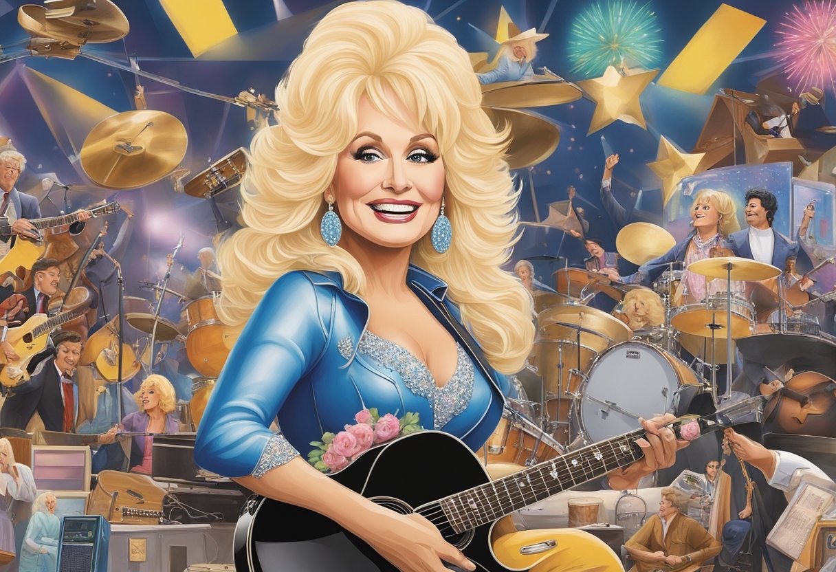 Dolly Parton's defining moments and everlasting impressions are captured in a spotlight, surrounded by adoring fans and iconic music memorabilia