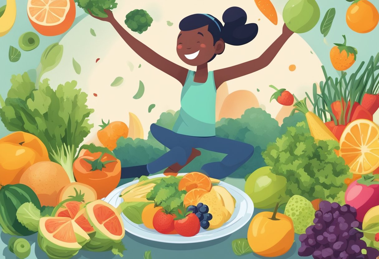 A person diving into a plate of healthy food, surrounded by fruits and vegetables, with a smile on their face