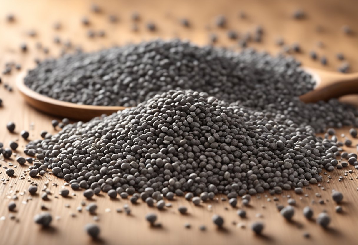 A pile of chia seeds scattered on a wooden table, with a few seeds spilling onto the surface