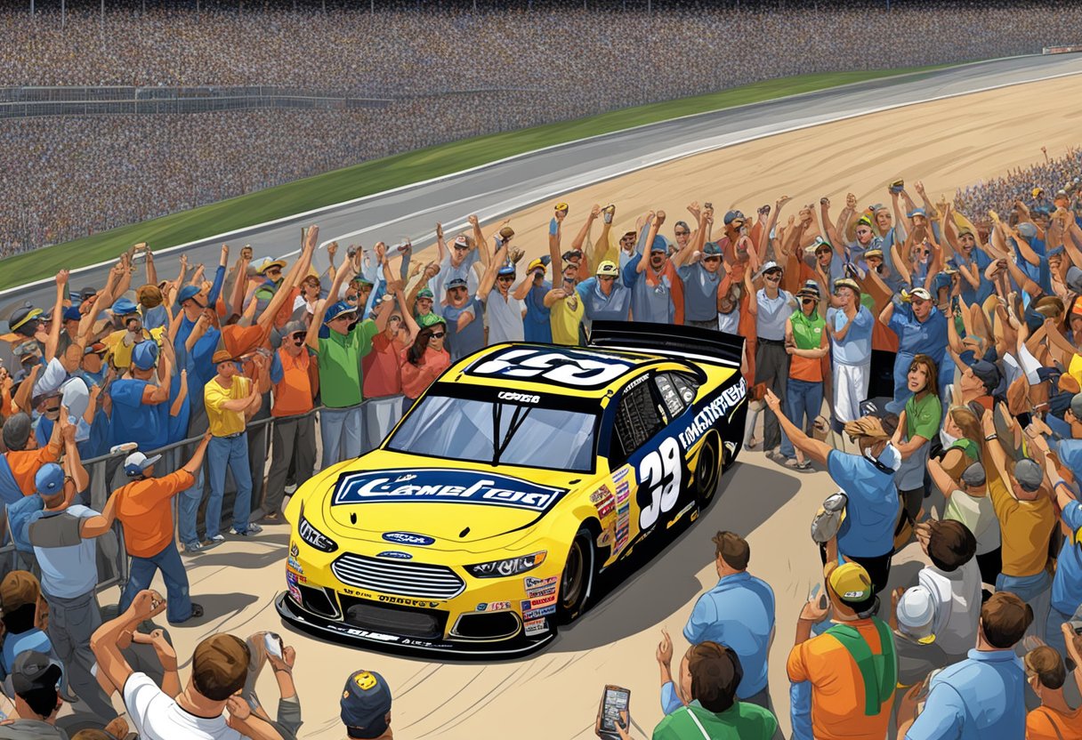 Carl Edwards' race car sits abandoned on the track, surrounded by cheering fans and flashing cameras. A victorious rival driver celebrates in the background