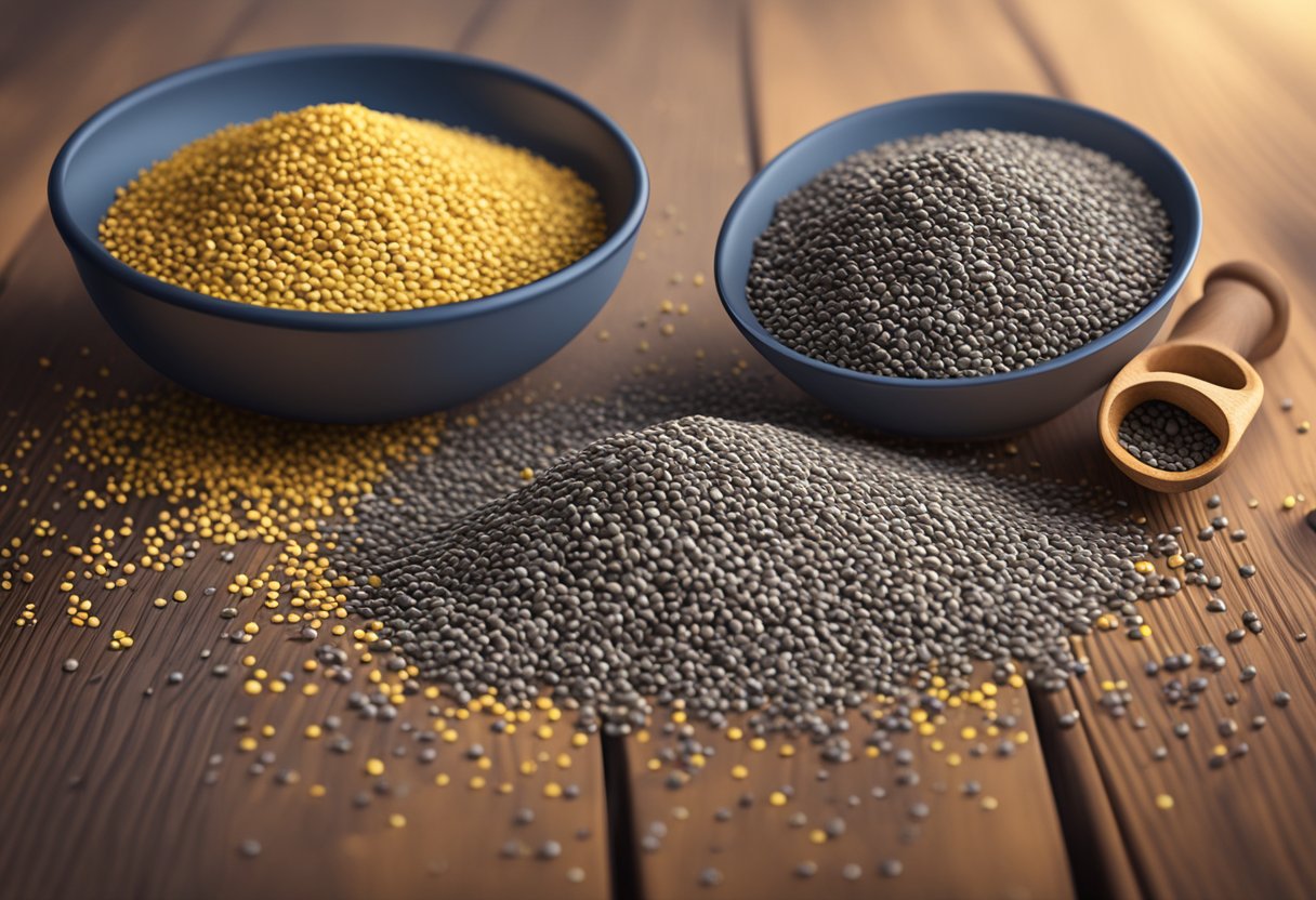 A pile of chia seeds scattered on a wooden table, with a few seeds spilling out of a small container