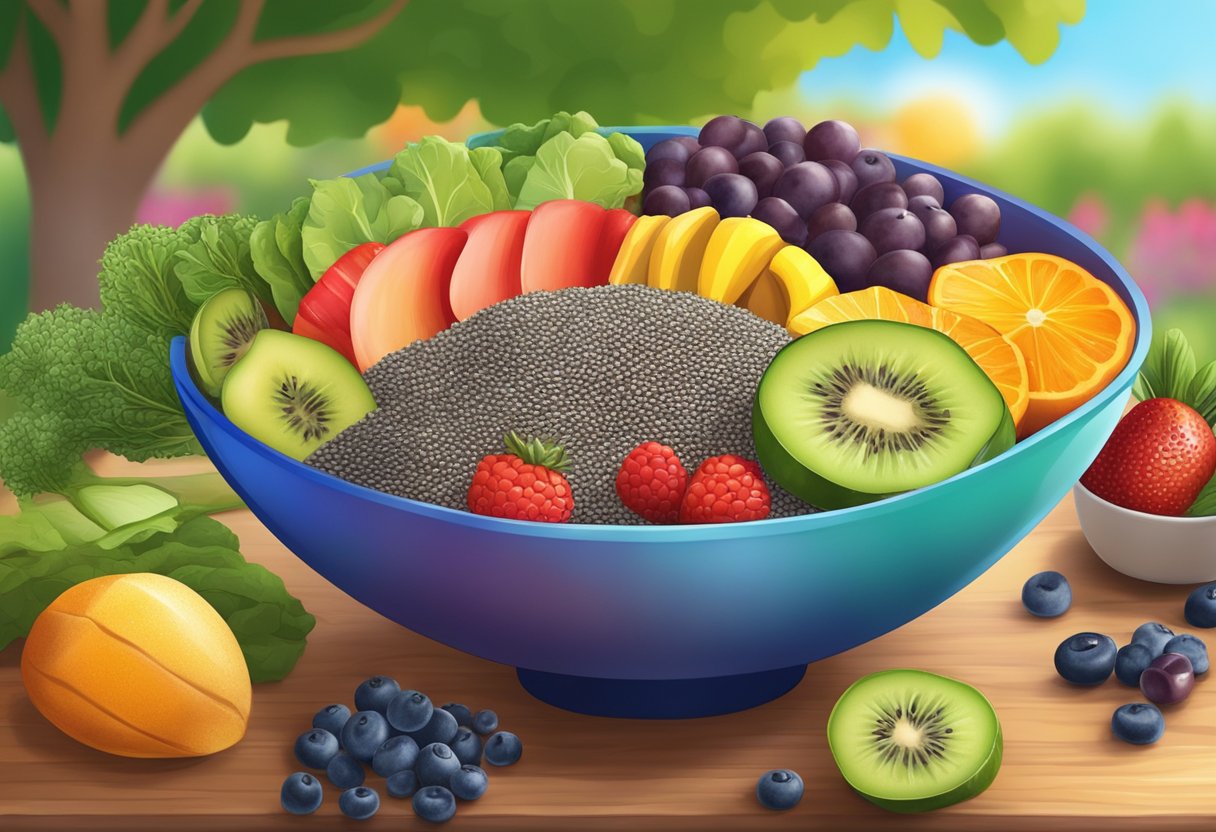 A colorful bowl filled with chia seeds, surrounded by vibrant fruits and vegetables, with a backdrop of a sunny, outdoor setting