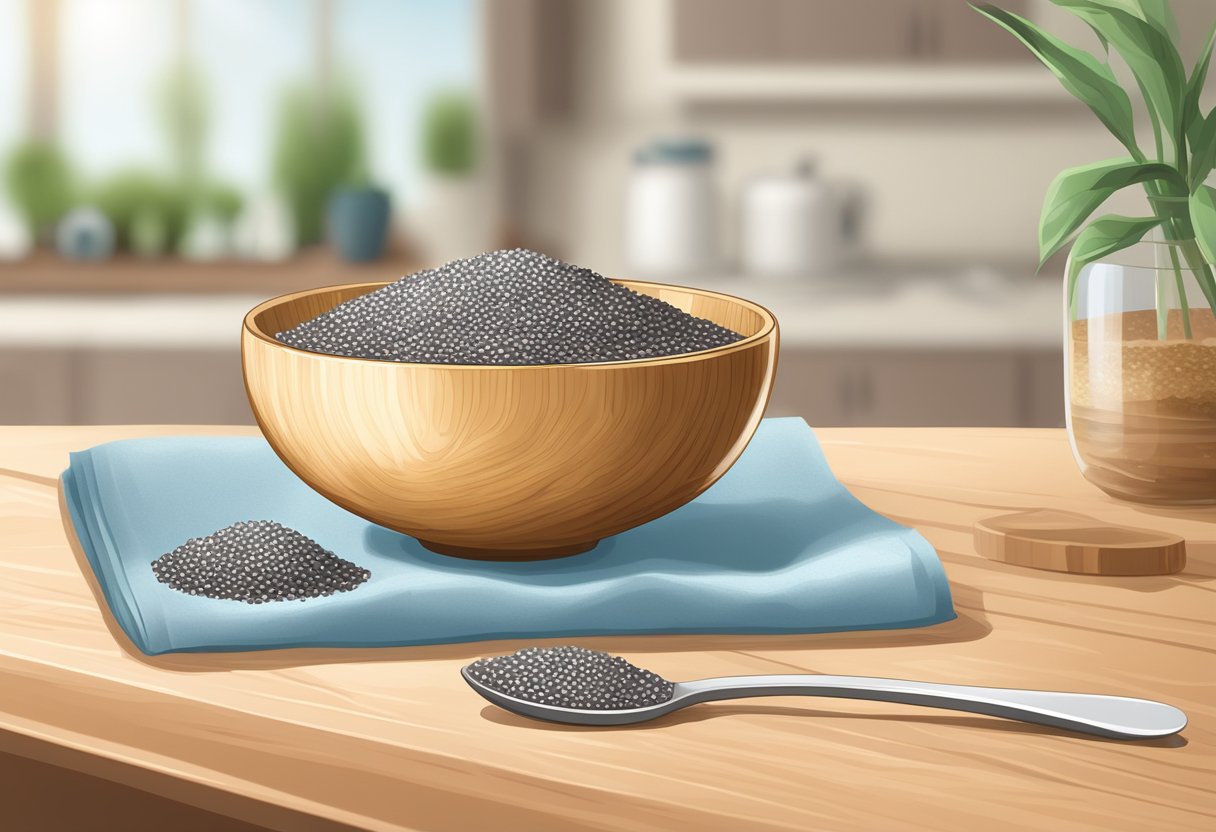 A small bowl of chia seeds sits on a wooden kitchen counter next to a spoon and a glass of water