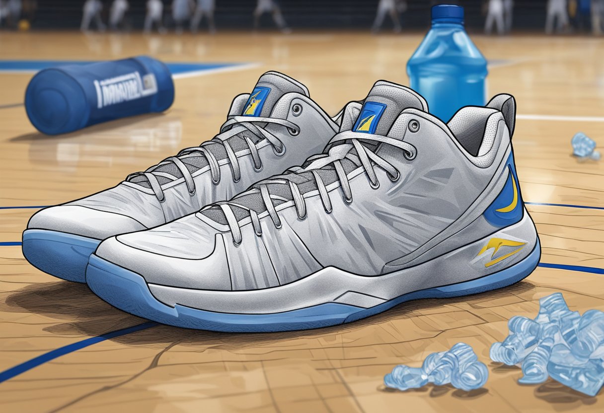 Jamal Murray's basketball sneakers lay abandoned on the court, surrounded by scattered water bottles and a crumpled towel. The empty gym echoes with the absence of his presence