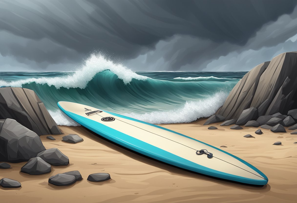 Kono's surfboard lays abandoned on the sandy shore as a storm approaches, with dark clouds looming in the distance and waves crashing against the rocks