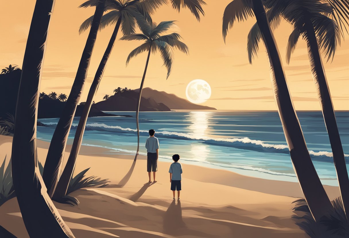 Kono Kalakaua stands on a moonlit beach, gazing out at the ocean with a determined expression. The palm trees sway gently in the breeze, casting long shadows across the sand