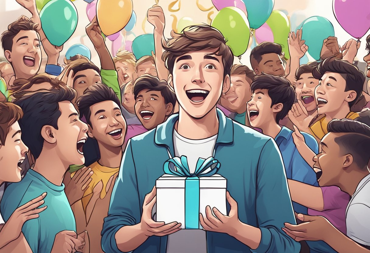 Chris from Mr. Beast surrounded by a crowd, receiving a surprise gift or reward, with a look of shock and happiness on his face