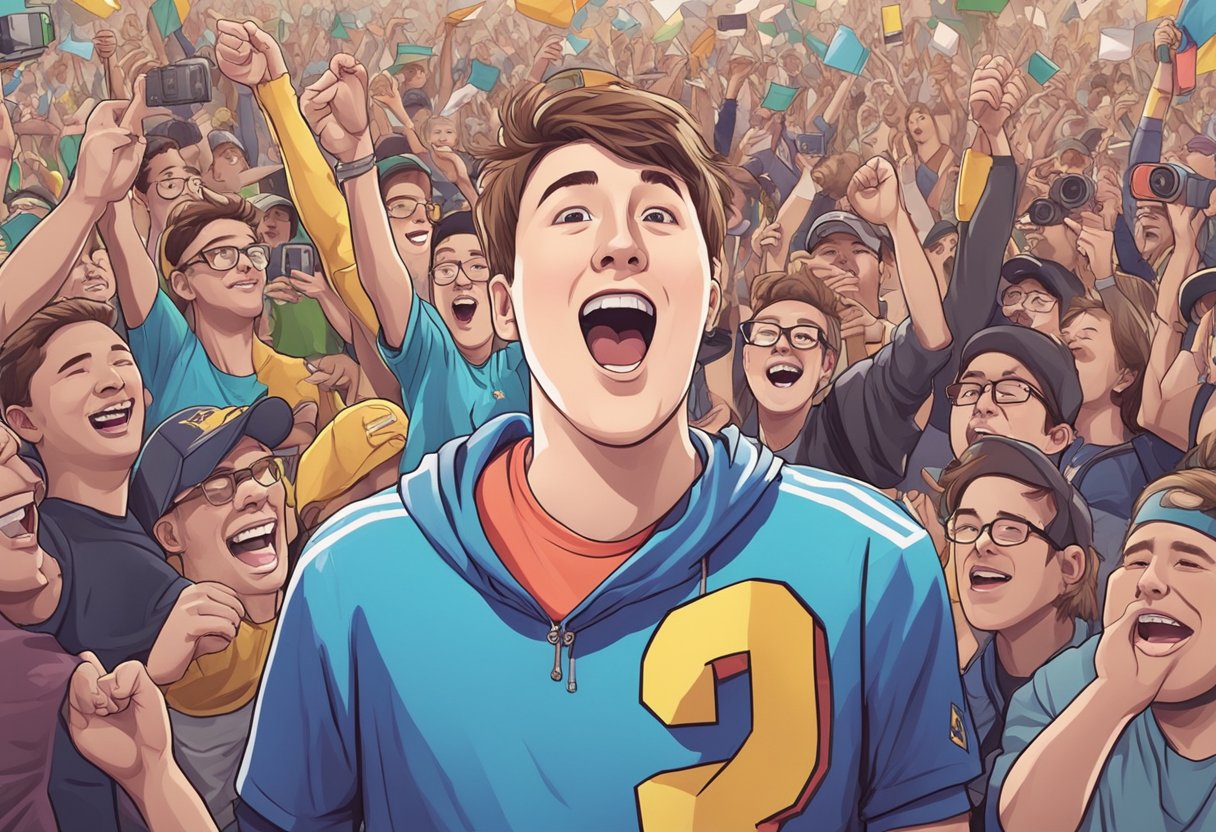 Chris from MrBeast rises to fame, surrounded by cheering fans and flashing cameras. He stands tall, a symbol of success and achievement