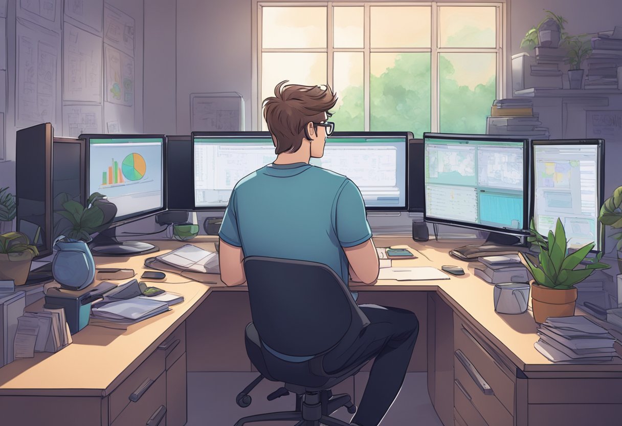 Chris from Mr. Beast sits at a desk, surrounded by screens. Some are blurred, others clear, representing the balance between privacy and visibility