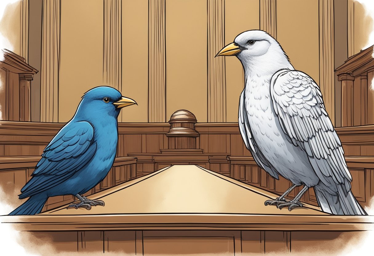 Two birds face off in a courtroom setting, one stern and authoritative, the other looking bewildered and flustered. The judge's gavel is poised to come down as the tension in the room reaches its peak