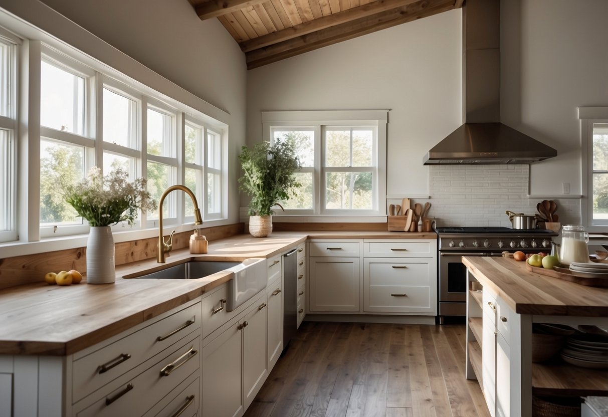 A modern farmhouse kitchen with a sleek apron sink, clean lines, and rustic accents. Bright natural light streams in, highlighting the simplicity and functionality of the space