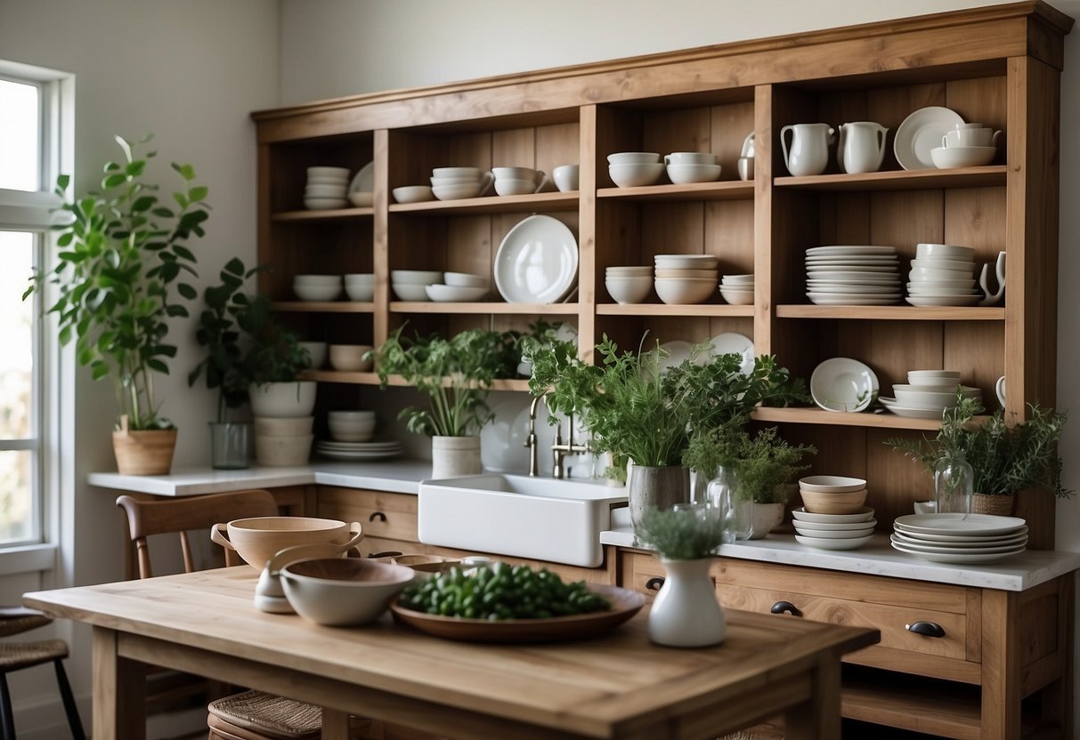 A modern farmhouse kitchen with open shelving, showcasing a mix of white and natural wood dishes, vintage glassware, and greenery. The shelves are neatly organized with a balance of functional and decorative items