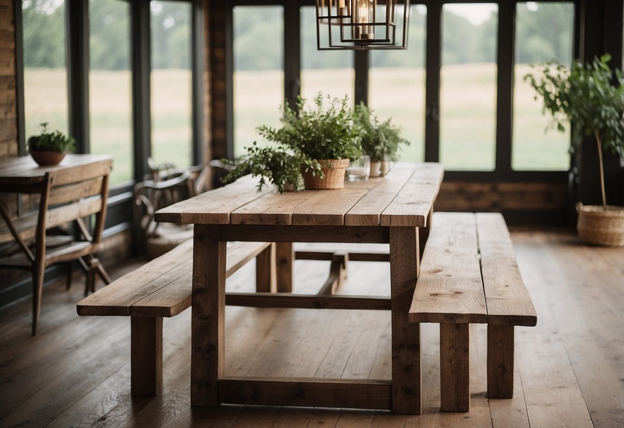 A farmhouse table with rustic wood, clean lines, neutral colors, and natural light. Simple decor, greenery, and textured textiles add warmth and charm
