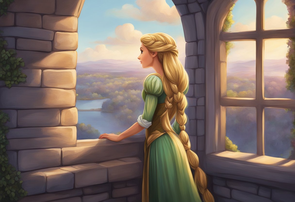 Rapunzel lets down her long hair from the tower window for the prince to climb up