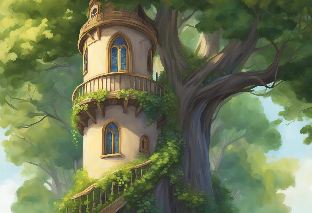 Rapunzel's tower stands tall, surrounded by lush greenery. A golden braid hangs from the window, symbolizing her entrapment and longing for freedom