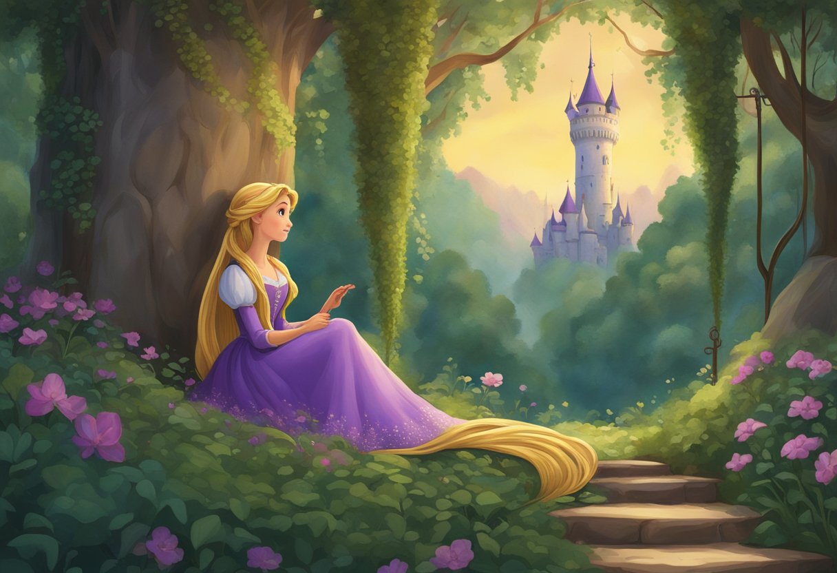 Rapunzel's tower stands tall in a lush, overgrown forest. A long, golden braid hangs from the window, while a prince gazes up with longing