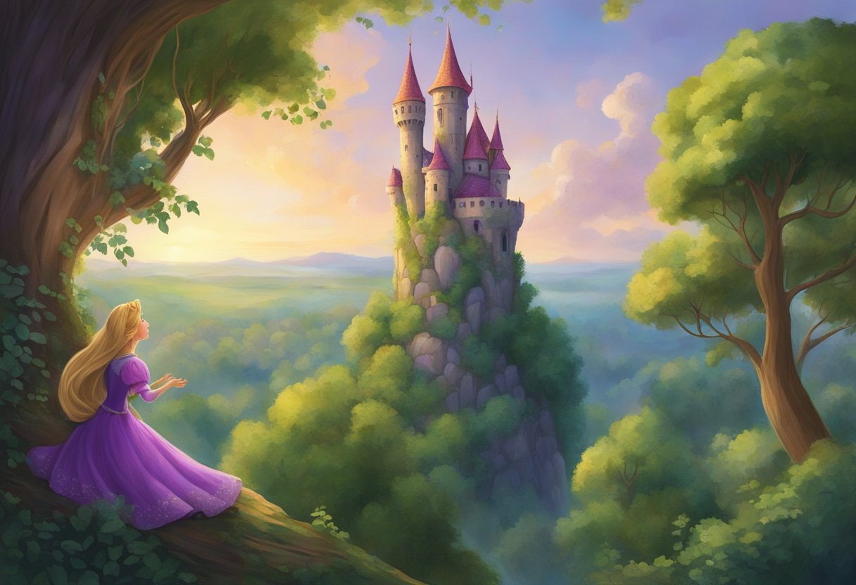 Rapunzel's tower looms over a lush forest. A prince climbs her hair, reaching the window. They embrace, defying the witch below