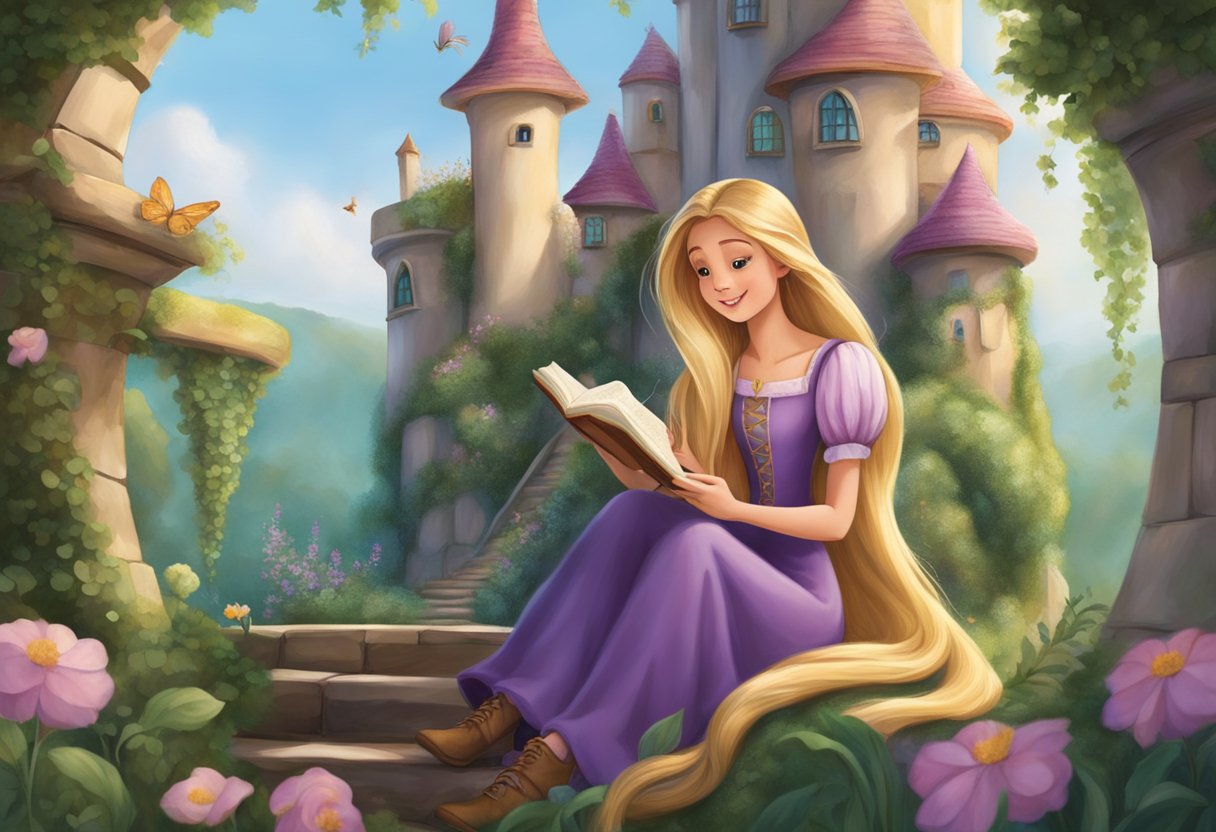 Rapunzel sits in her tower, reading books and learning new skills. The enchanting garden below offers a sense of freedom and nature's beauty