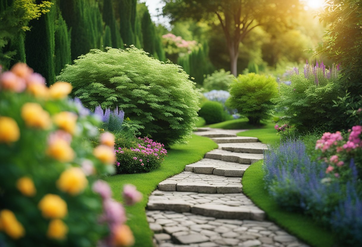 Lush trees and shrubs in a small garden, with a winding path and colorful flowers